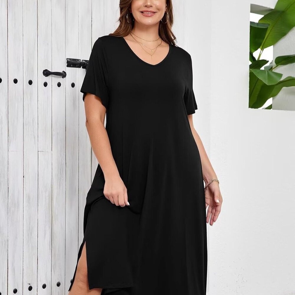 Women Plus Size T-Shirt Dress Casual Long V-Neck Beach Cover Up - Picture 2 of 6
